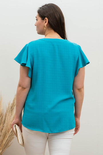 PLUS GRID PRINT SPLIT NECK LADDER LACE TRIM BLOUSE-How Cute is That? Boutique