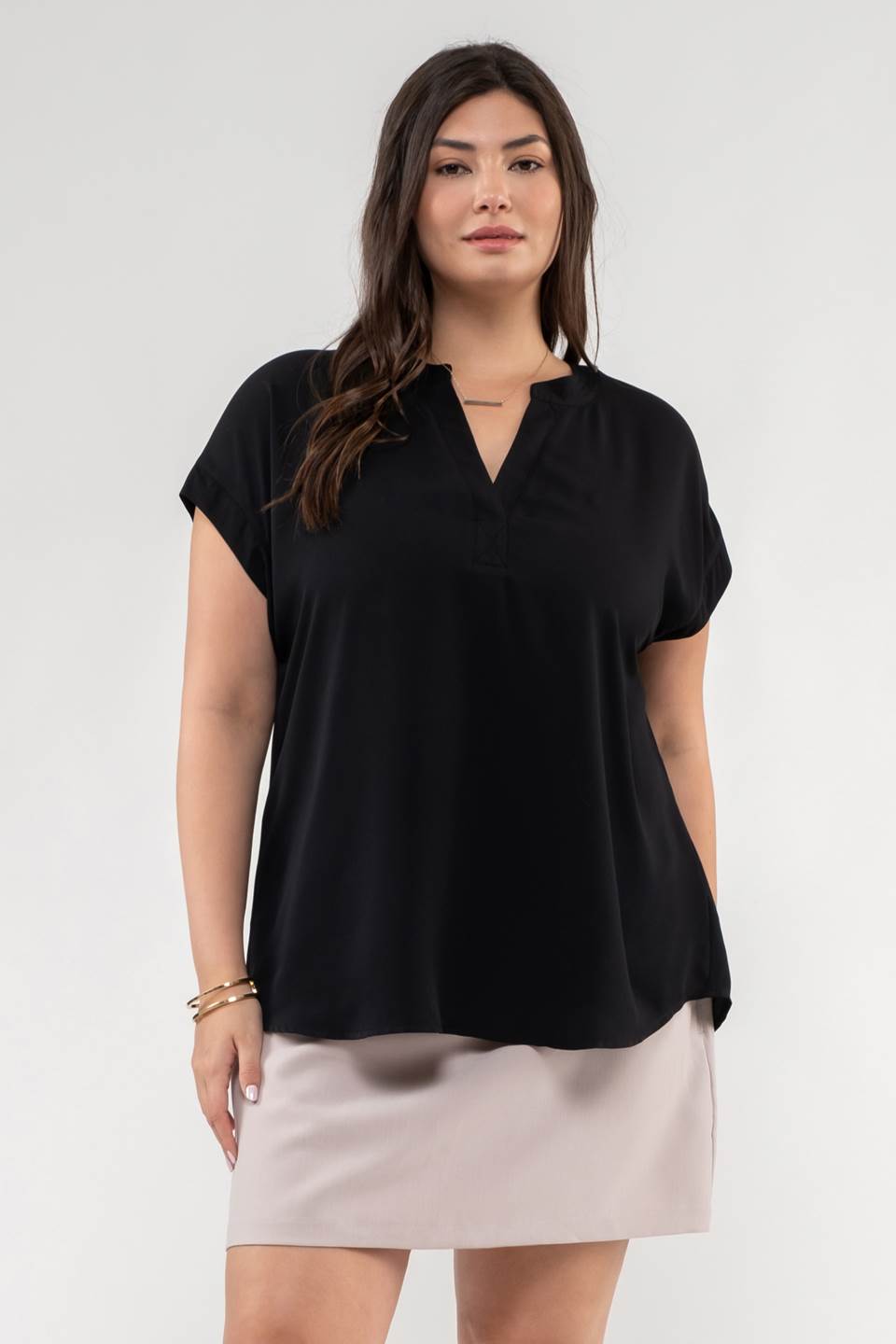 PLUS SPLIT NECK EXTENDED SHOULDER BLOUSE in Black