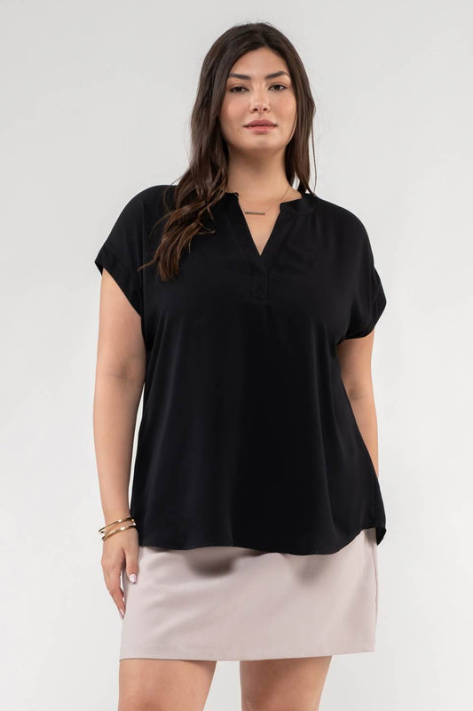 PLUS SPLIT NECK EXTENDED SHOULDER BLOUSE in Black