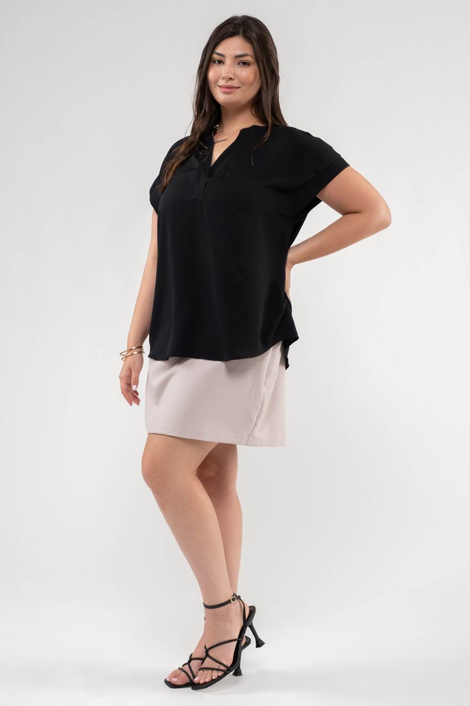 PLUS SPLIT NECK EXTENDED SHOULDER BLOUSE in Black