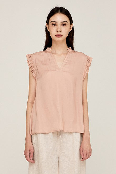 Women’s peach ruffle sleeve satin blouse with V-neckline and relaxed fit