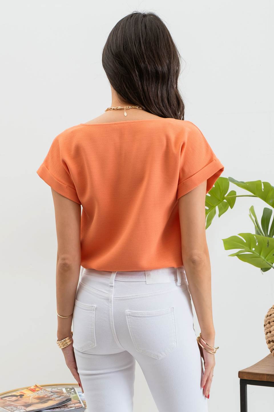 BUTTON FRONT SHORT SLEEVE BLOUSE TOP in Orange