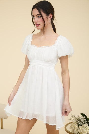 BALLOON SLEEVE RUFFLE TRIM BACK LACE UP MINI DRESS-How Cute is That? Boutique