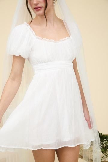 BALLOON SLEEVE RUFFLE TRIM BACK LACE UP MINI DRESS-How Cute is That? Boutique