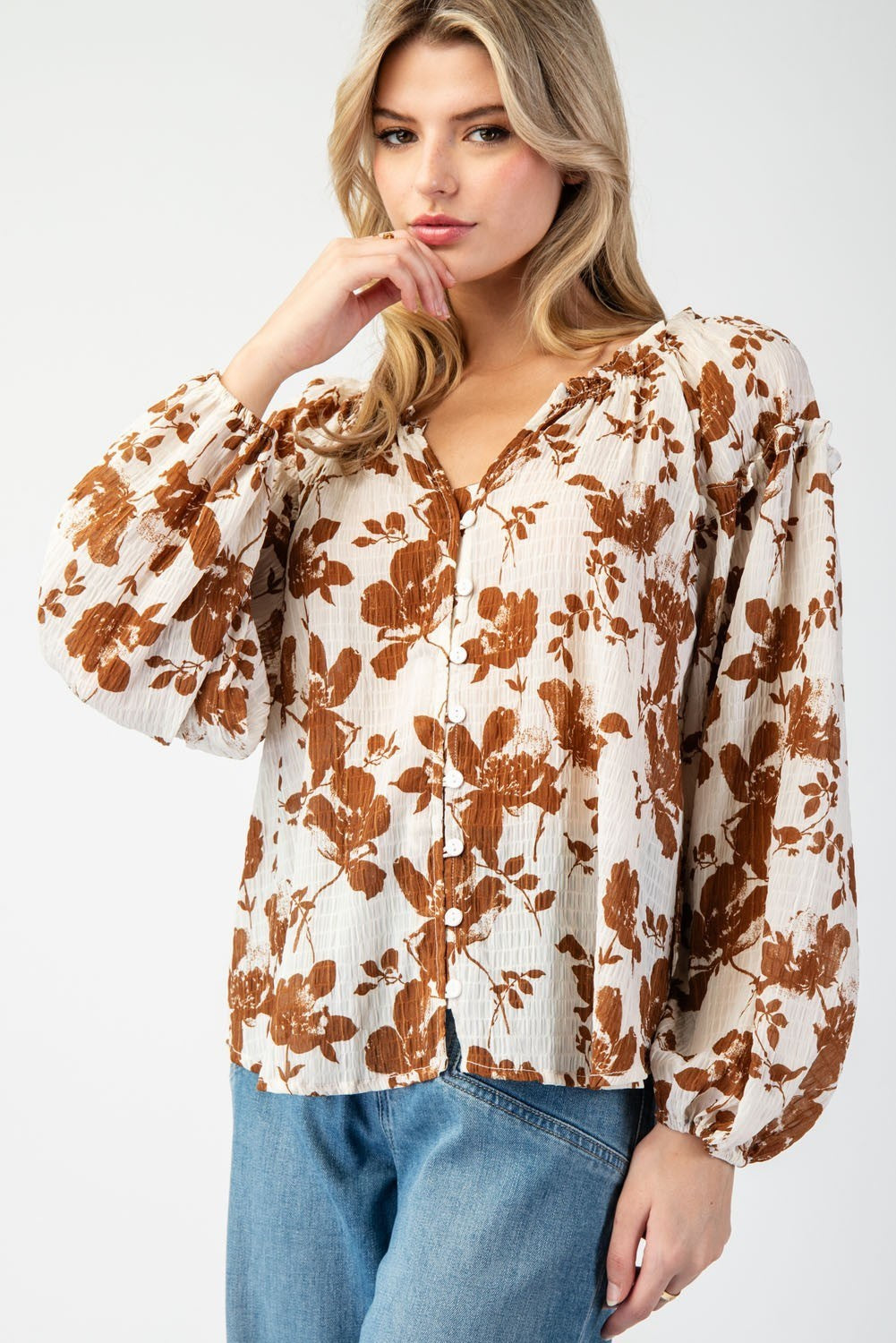 Floral Printed Blouse Top in Brown