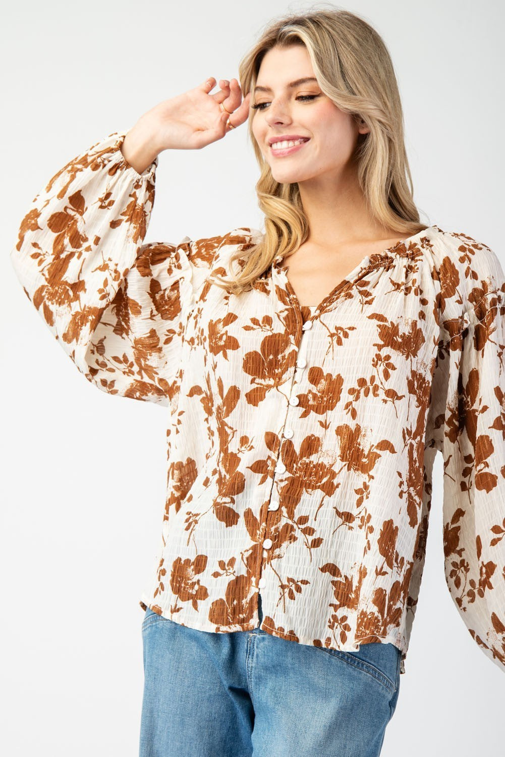 Floral Printed Blouse Top in Brown