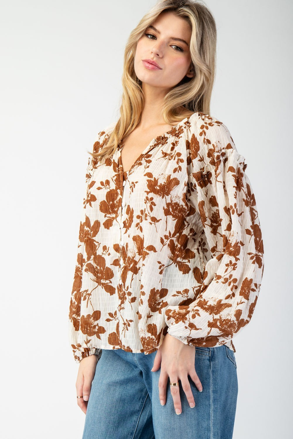 Floral Printed Blouse Top in Brown