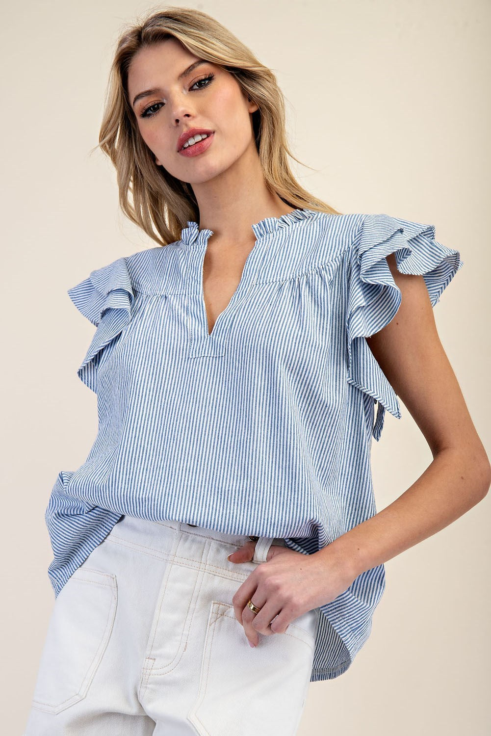Striped Notched V-Neck Collar Top-How Cute is That? Boutique