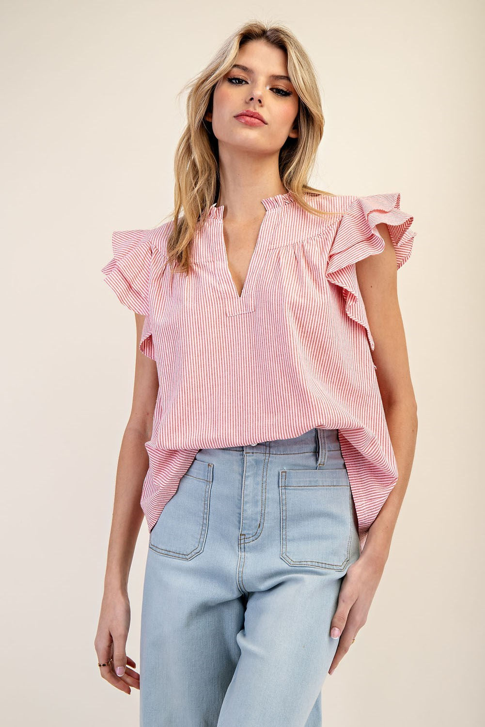 Striped Notched V-Neck Collar Top-How Cute is That? Boutique