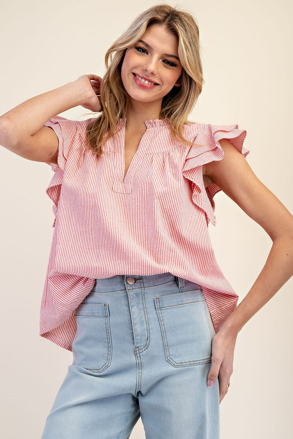 Striped Notched V-Neck Collar Top-How Cute is That? Boutique