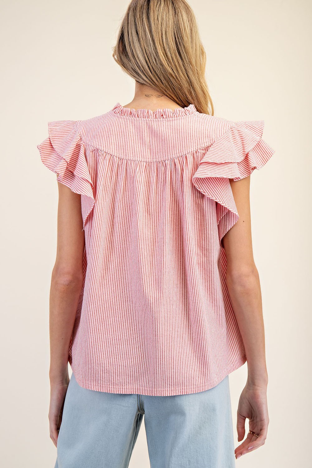 Striped Notched V-Neck Collar Top-How Cute is That? Boutique