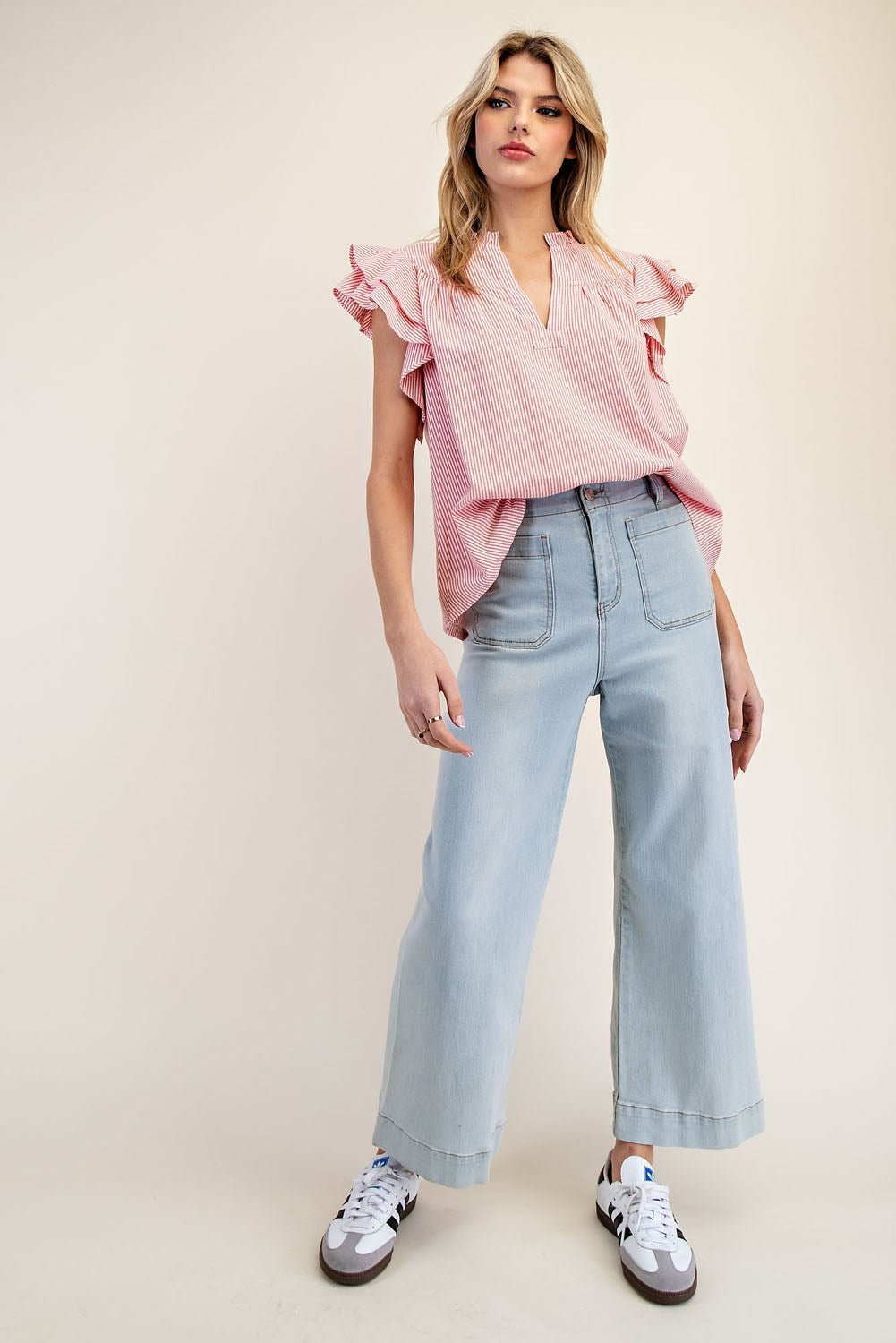 Striped Notched V-Neck Collar Top