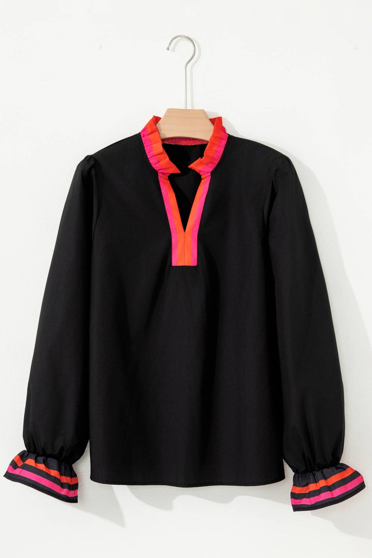 Striped Trim Ruffle Split Neck Blouse-How Cute is That? Boutique