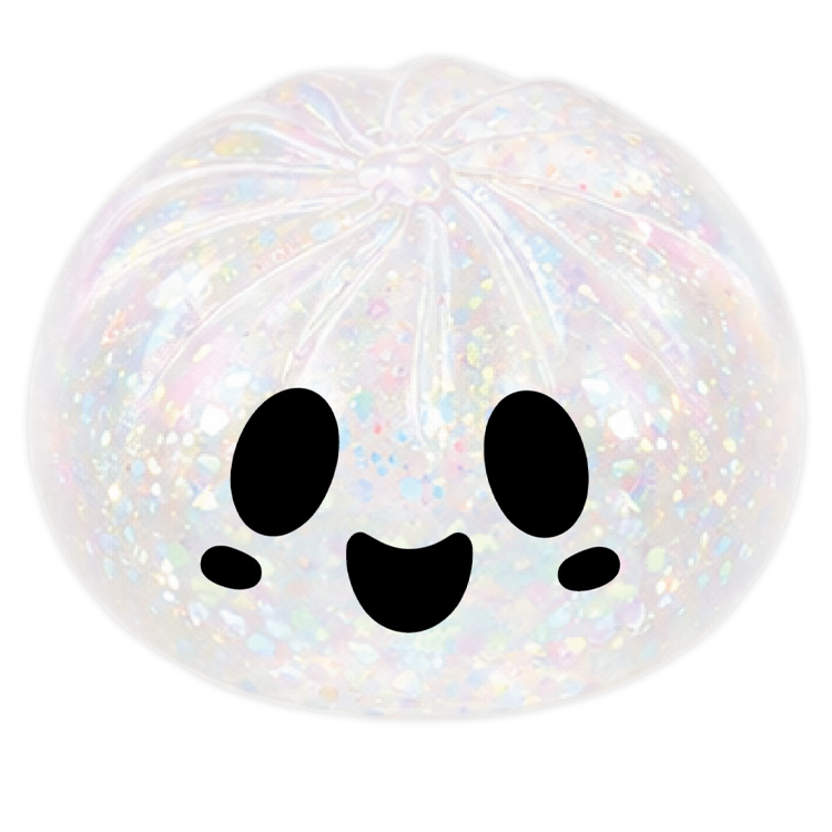 Iridescent ghost dumpling
with black smiley face design
