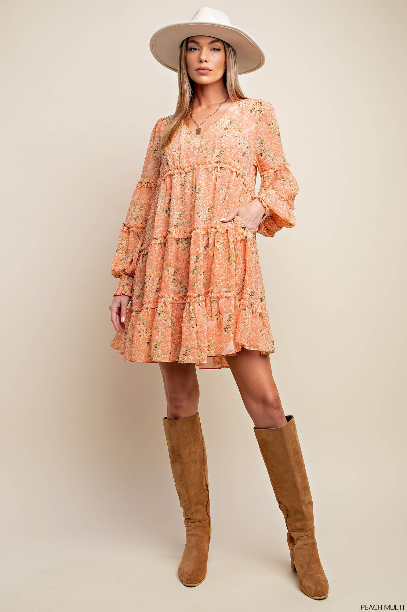 FLORAL RUFFLE POINT TIERED DRESS