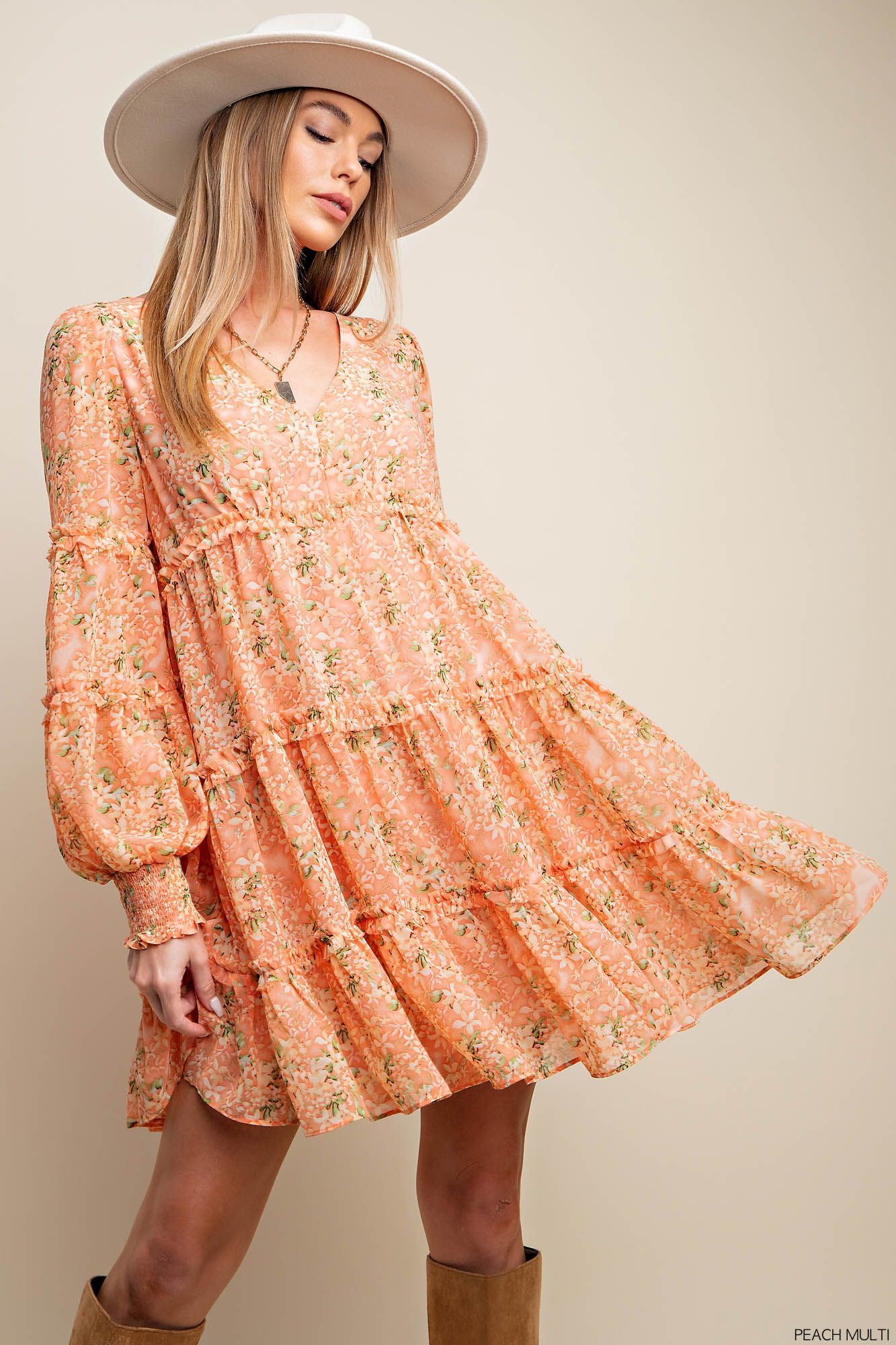 FLORAL RUFFLE POINT TIERED DRESS