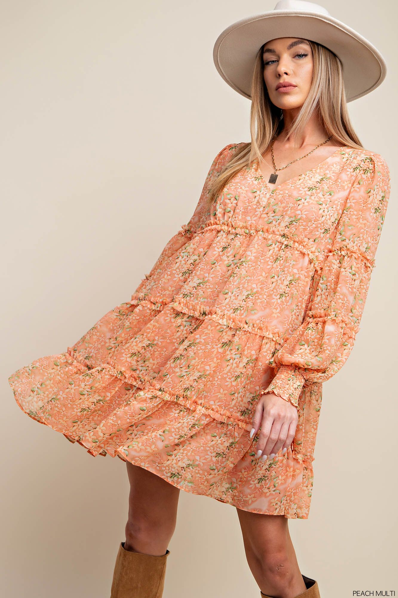 FLORAL RUFFLE POINT TIERED DRESS