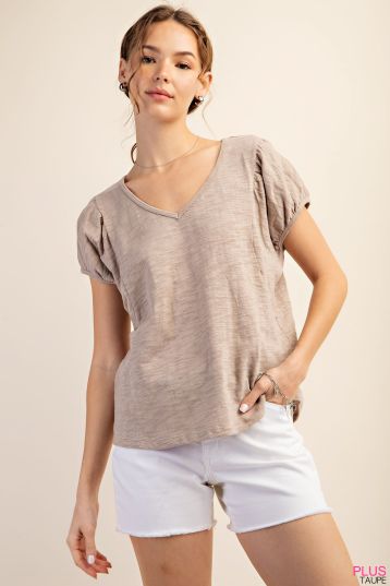 PLUS COTTON SLUB FABRIC PUFF SLEEVES V NECK TOP