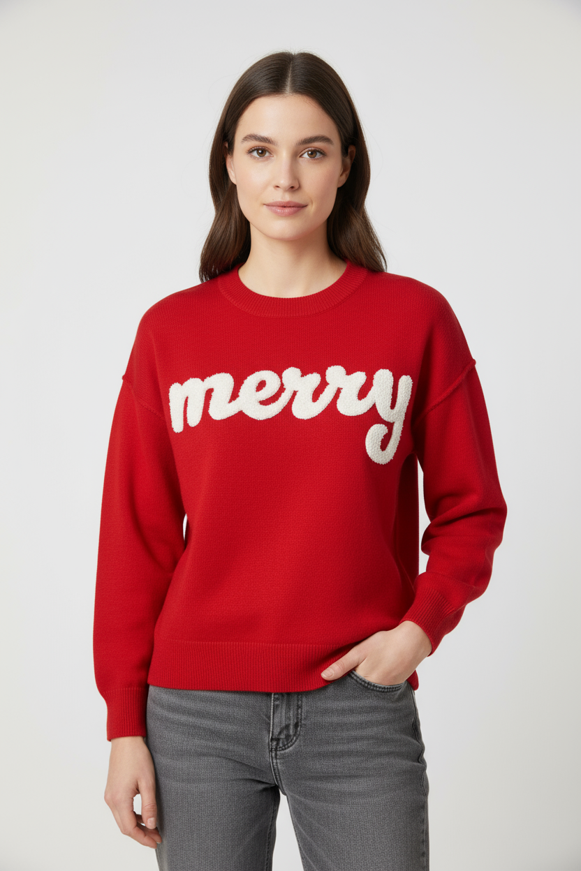 Merry Holiday Christmas Sweater Top Red