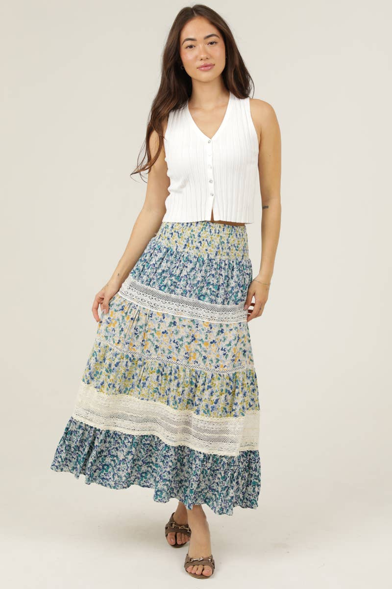 TIERED LACE TRIM SMOCKED WAIST MAXI SKIRT-How Cute is That? Boutique