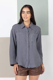 Frayed hem detail solid woven shirt top-How Cute is That? Boutique