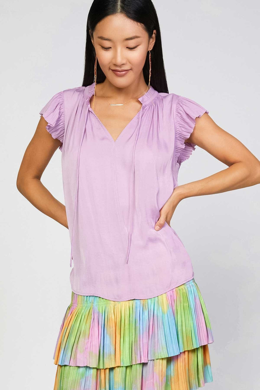 Pleated Short Sleeve Ruffle Top in Lilac