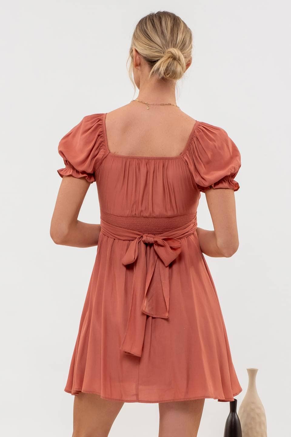 PLEATED WRAP PUFF SLEEVE BACK TIE MINI DRESS- Terracotta-How Cute is That? Boutique