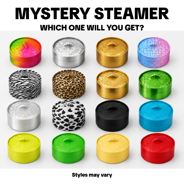 A promotional graphic showing multiple round metal steamers in different colors and patterns, including rainbow, silver, gold, blue, zebra print, leopard print, black, and solid bright colors. Large text at the top reads 'MYSTERY STEAMER' and 'WHICH ONE WILL YOU GET?' with smaller text at the bottom saying 'Styles may vary'.