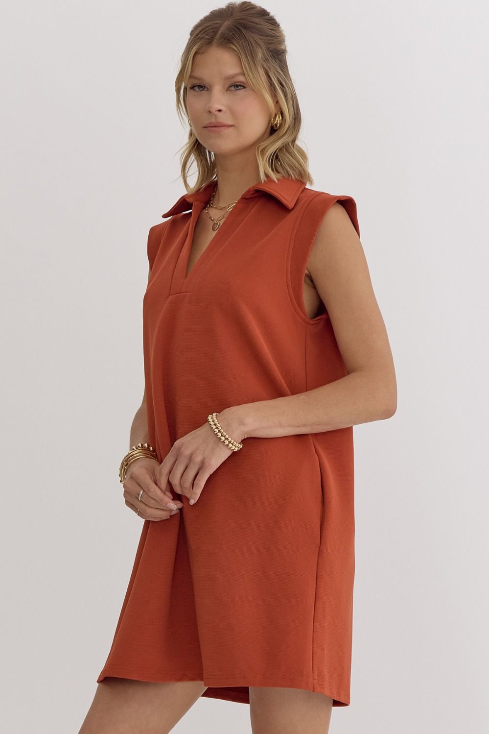 Textured Solid V-neck Collared Sleeveless Mini Dress-How Cute is That? Boutique