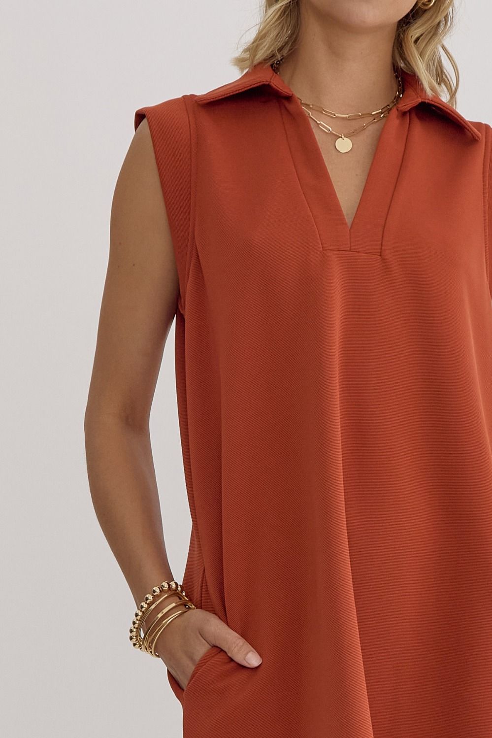 Textured Solid V-neck Collared Sleeveless Mini Dress-How Cute is That? Boutique