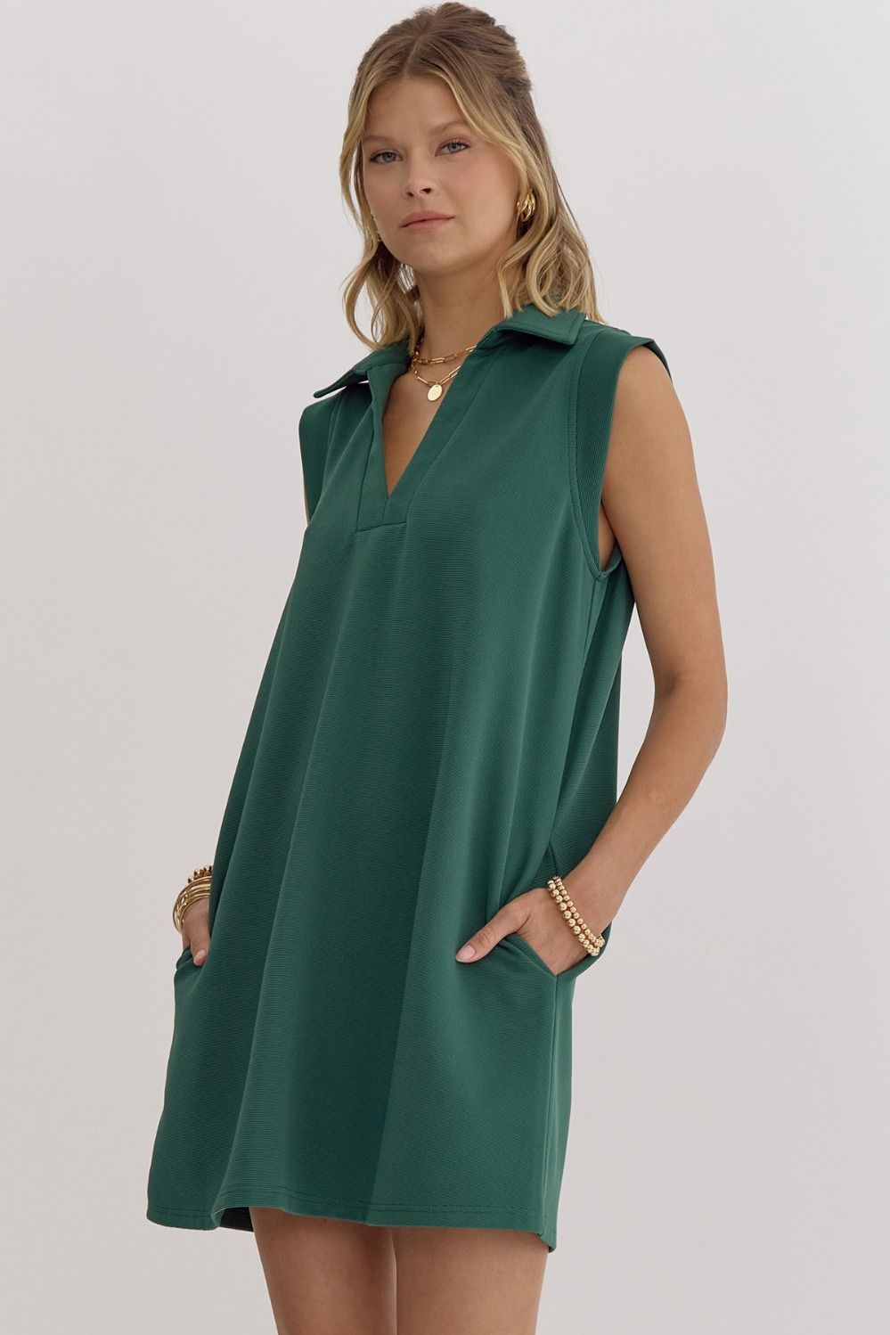 Textured Solid V-neck Collared Sleeveless Mini Dress-How Cute is That? Boutique