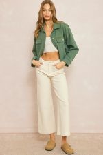 Denim button down collared jacket in Olive