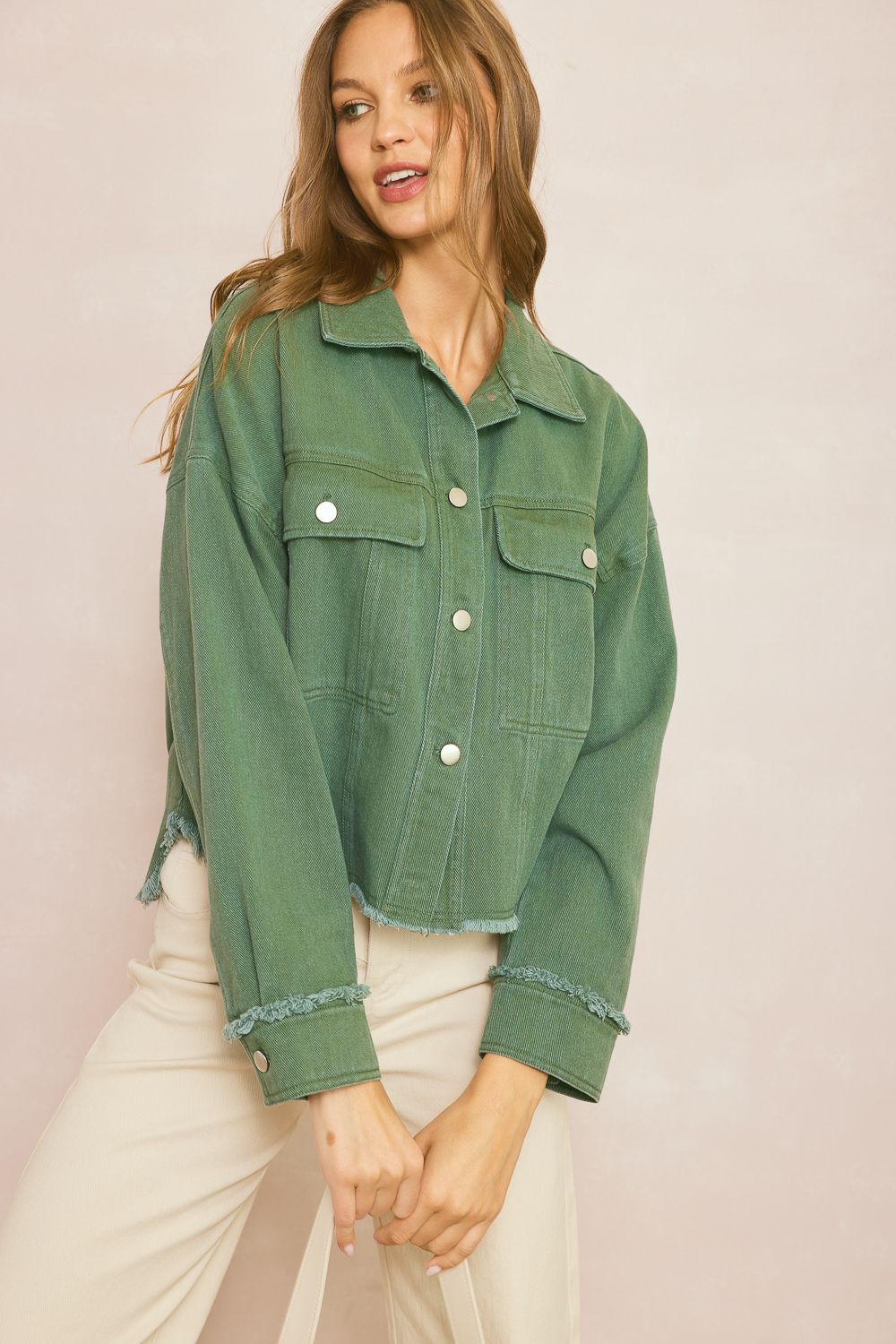 Denim button down collared jacket in Olive