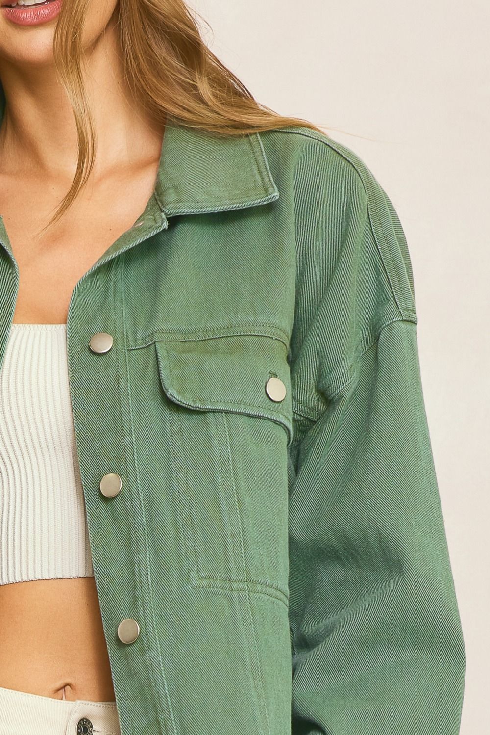 Denim button down collared jacket in Olive