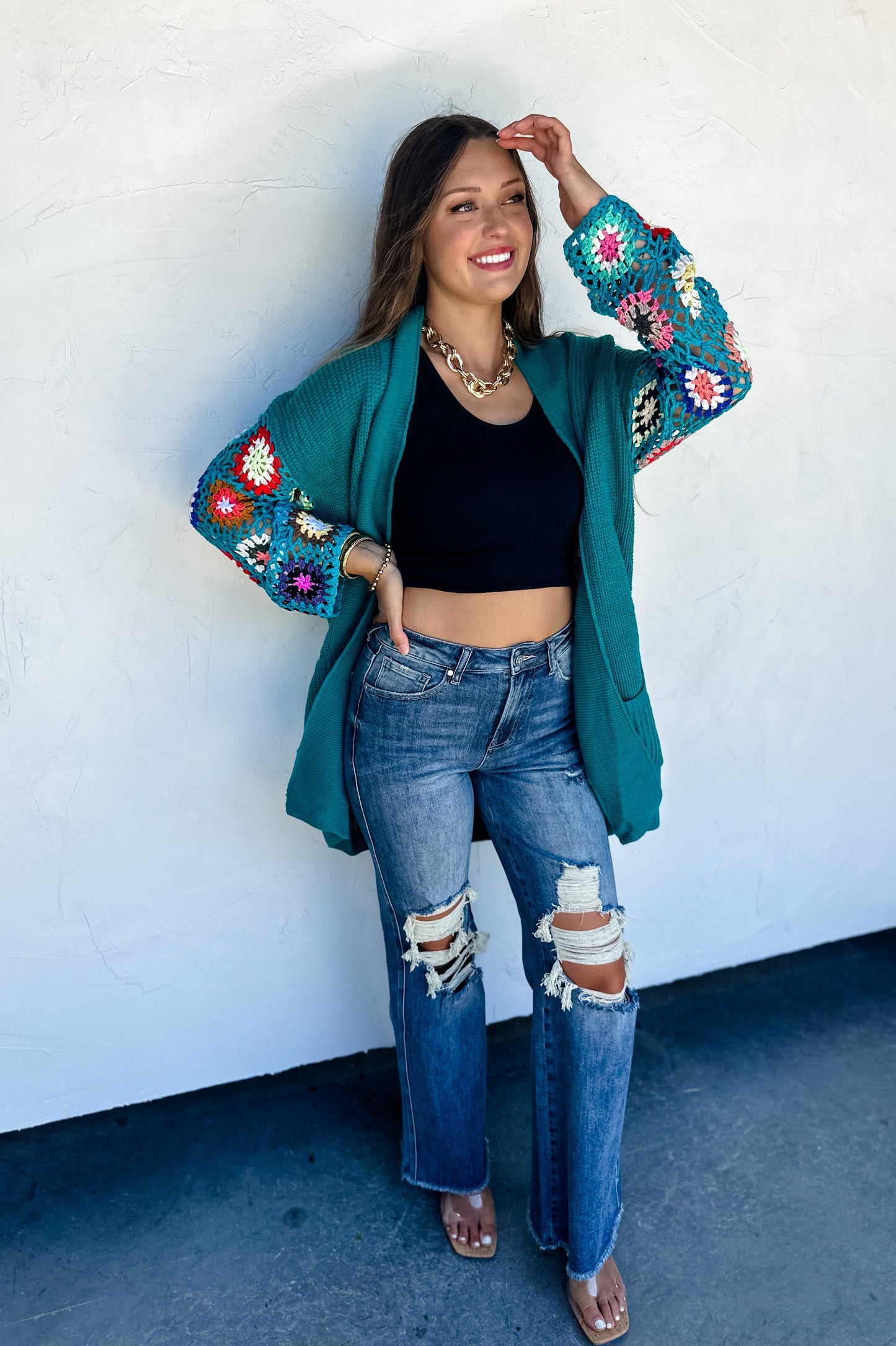CROCHET SLEEVE CARDIGAN in TEAL