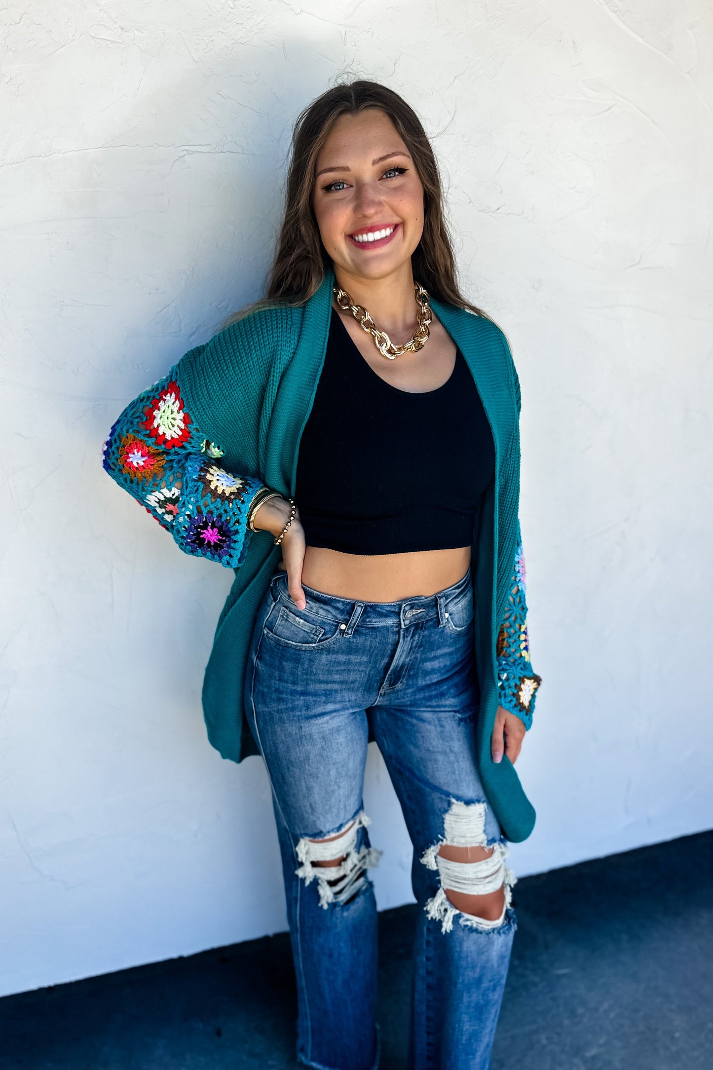 CROCHET SLEEVE CARDIGAN in TEAL