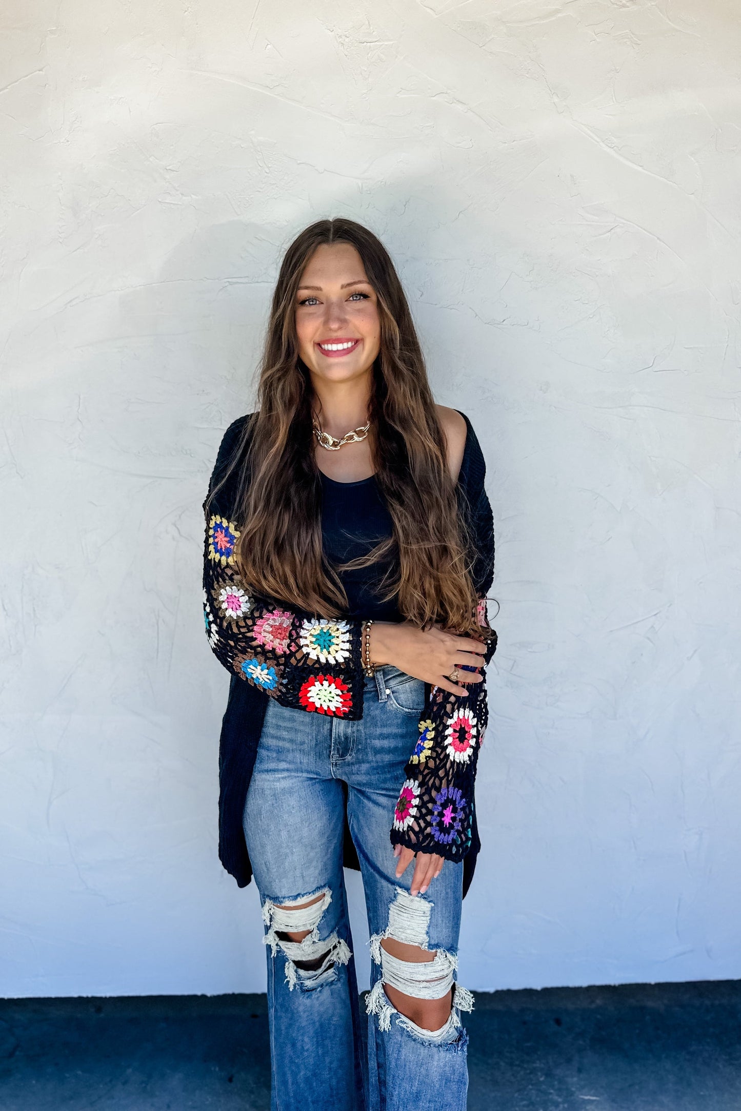 CROCHET SLEEVE CARDIGAN in BLACK