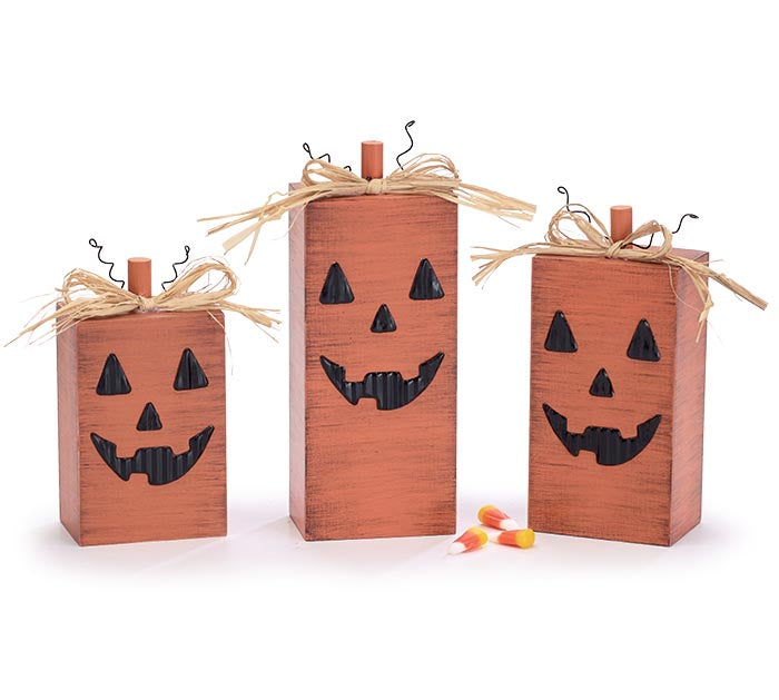 WOOD BLOCK JACK-O-LANTERNS SET OF 3