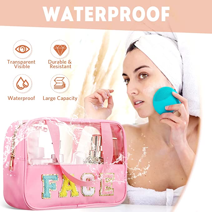 Chenille Letter Nylon FACE Bag PVC Clear Zipper Pouches
