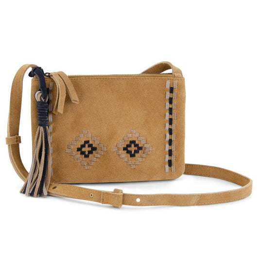 8.5 Inch Camel Suede Crossbody w/Aztec Trim and Tassel