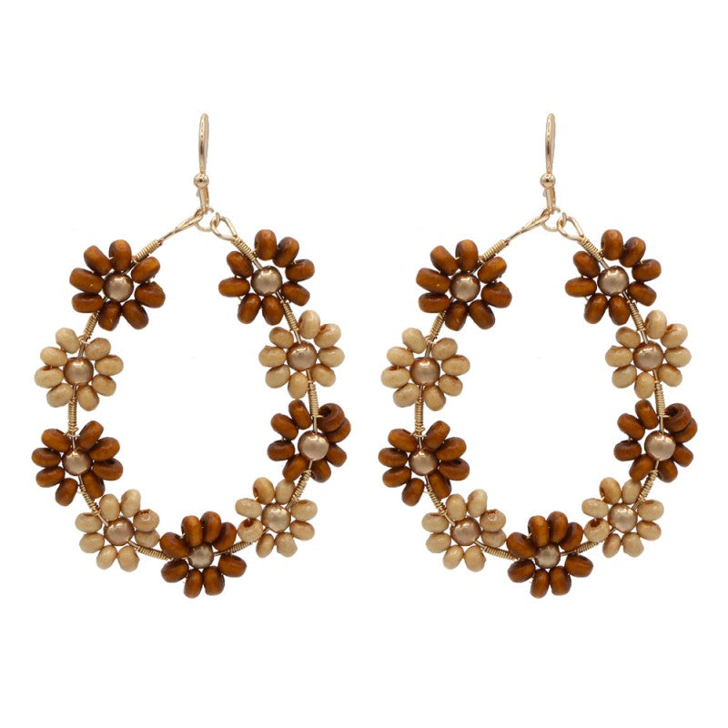 WOOD COLORED FLOWER TEARDROP HOOP EARRINGS