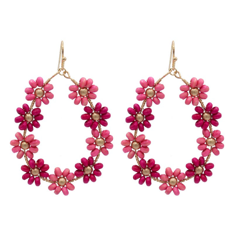 WOOD COLORED FLOWER TEARDROP HOOP EARRINGS