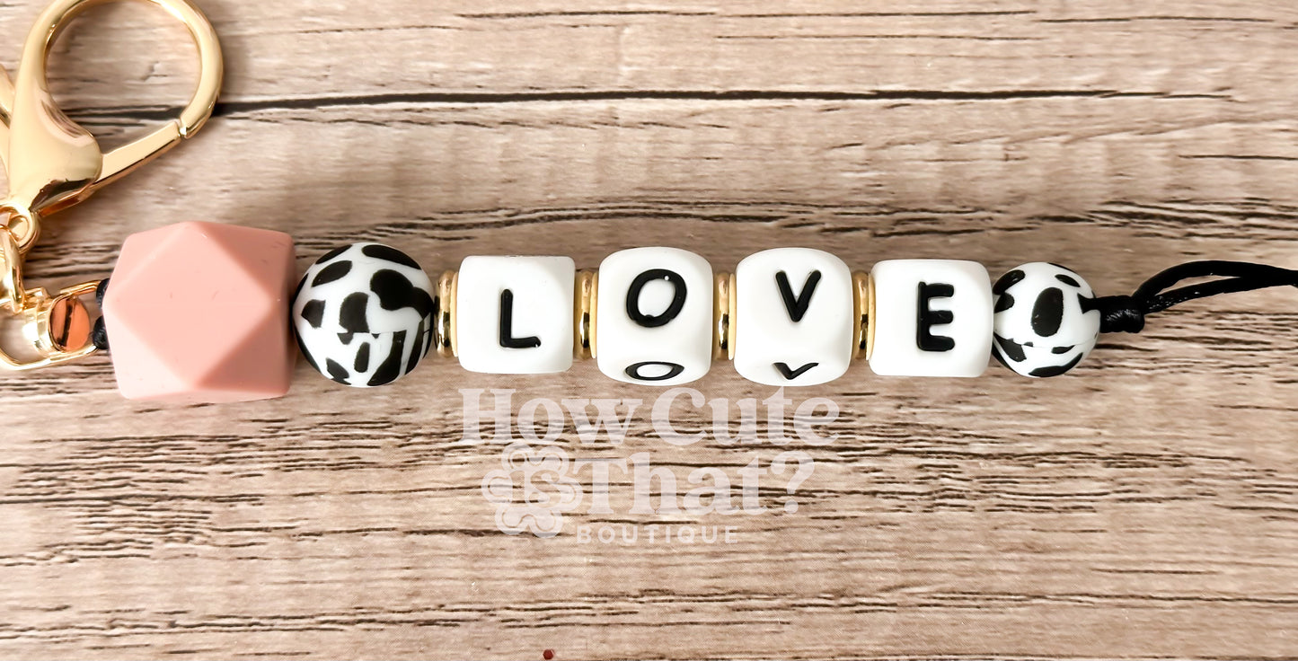 Love Cow Print and Blush Silicone Beaded Keychain
