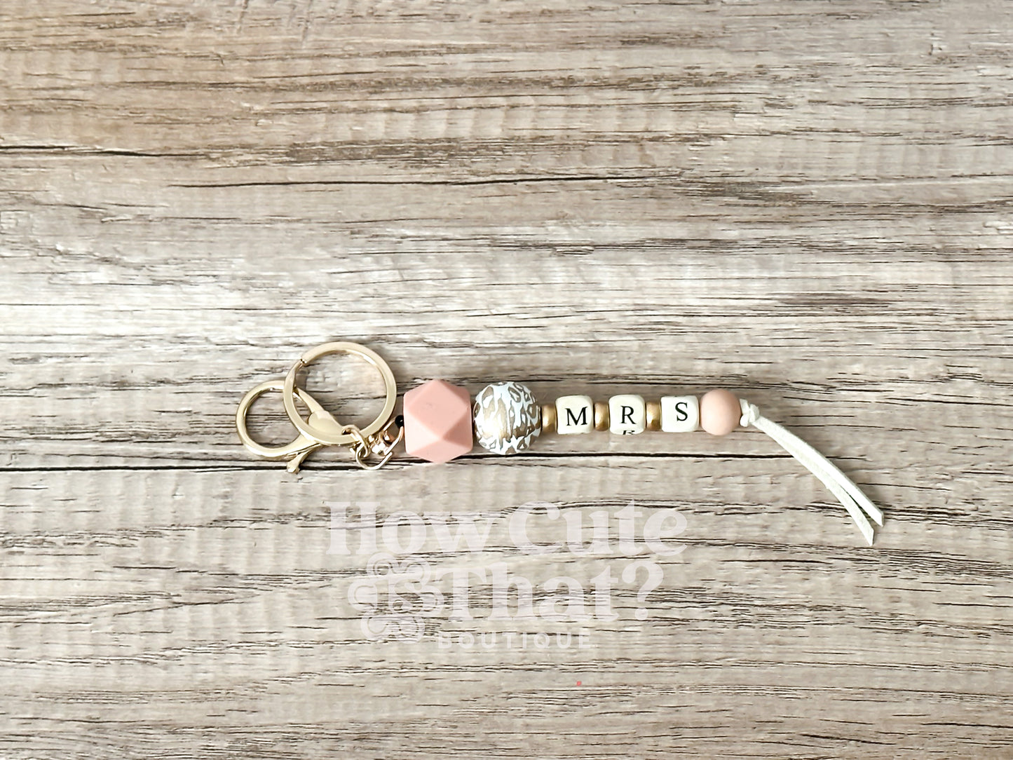 Gold Leopard and Blush Beaded MRS. Keychain
