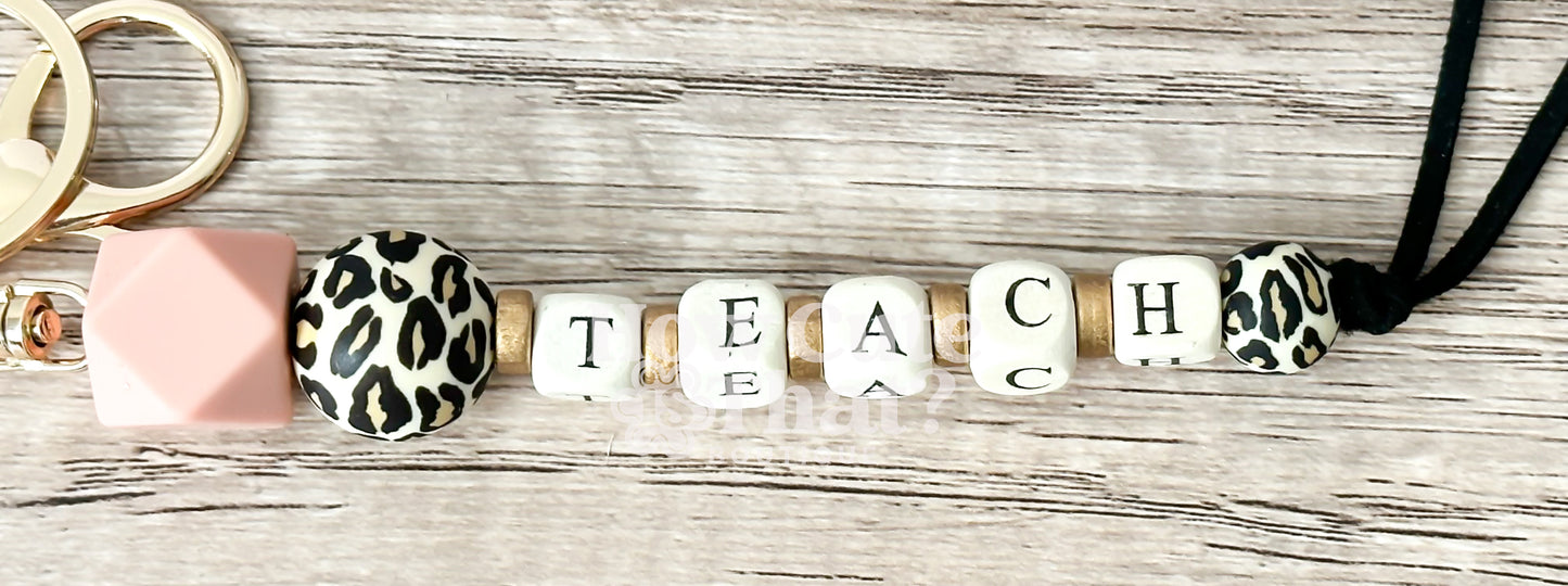 Leopard and Blush Beaded TEACHER Keychain