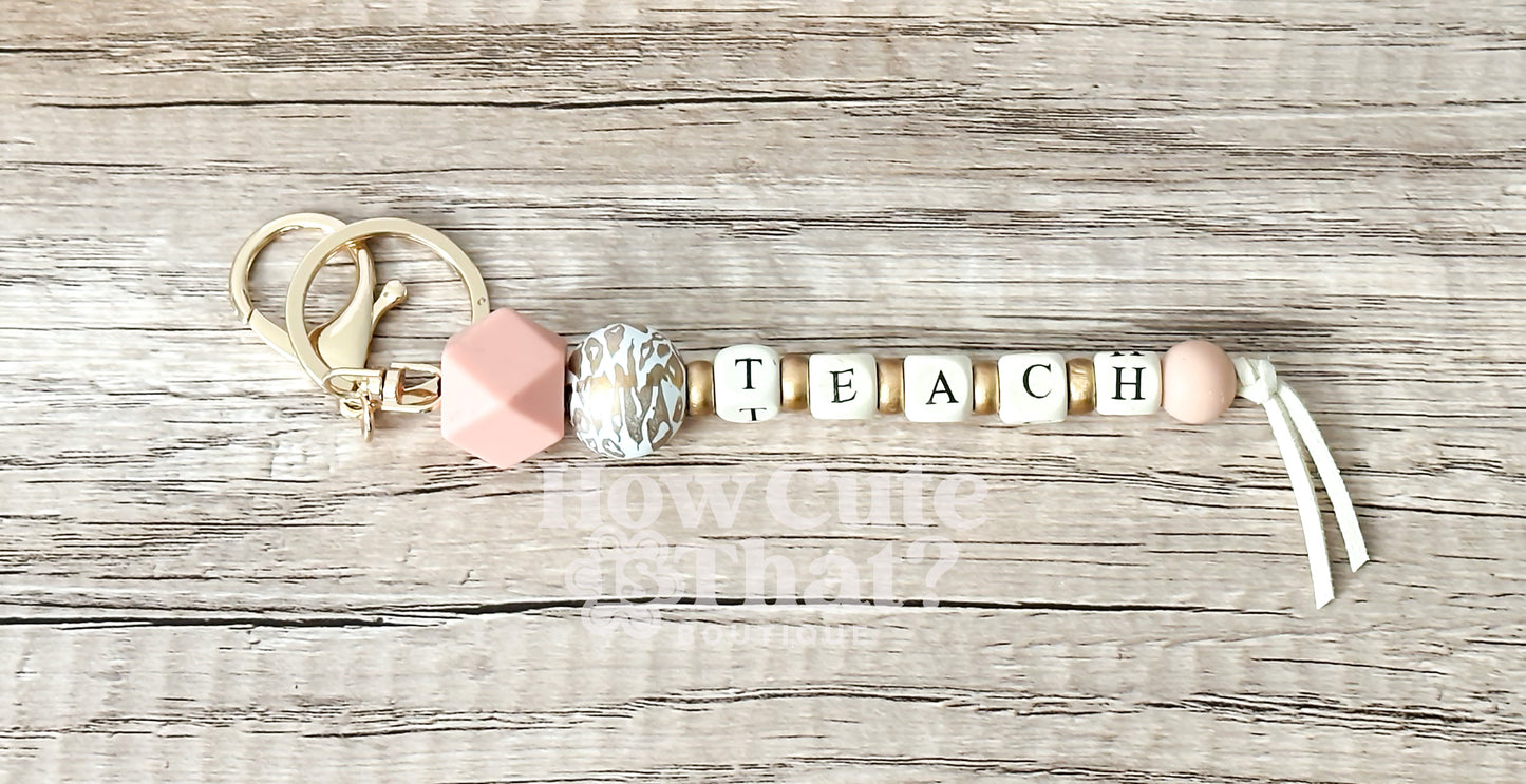 Gold Leopard and Blush Beaded TEACHER Keychain