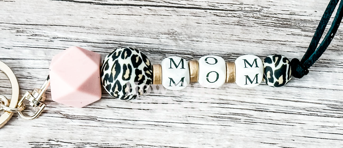 Mom Leopard and Blush Bead Keychain