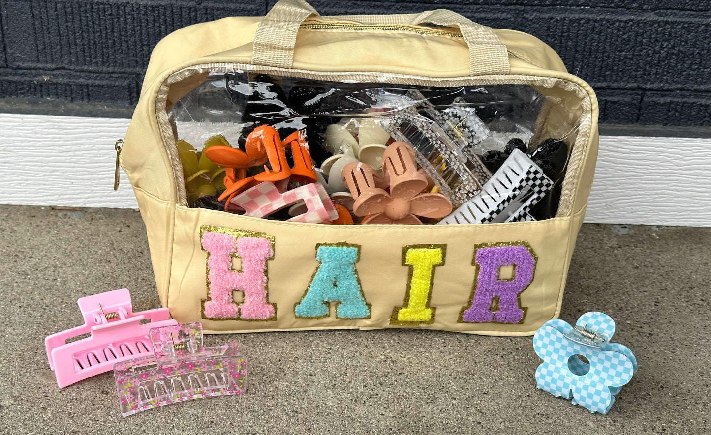 Chenille Letter Nylon HAIR Bag PVC Clear Zipper Pouches
