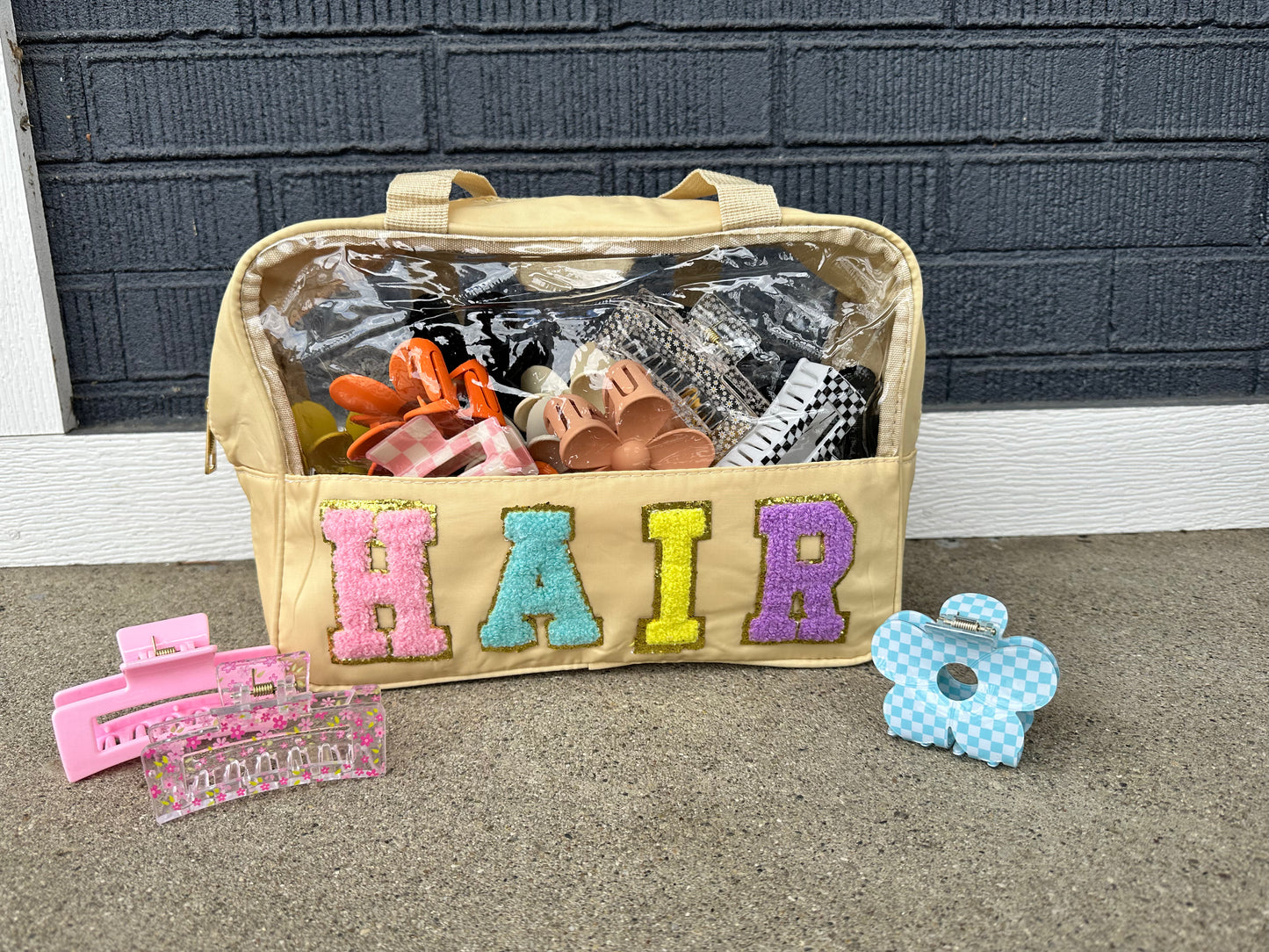 Chenille Letter Nylon HAIR Bag PVC Clear Zipper Pouches