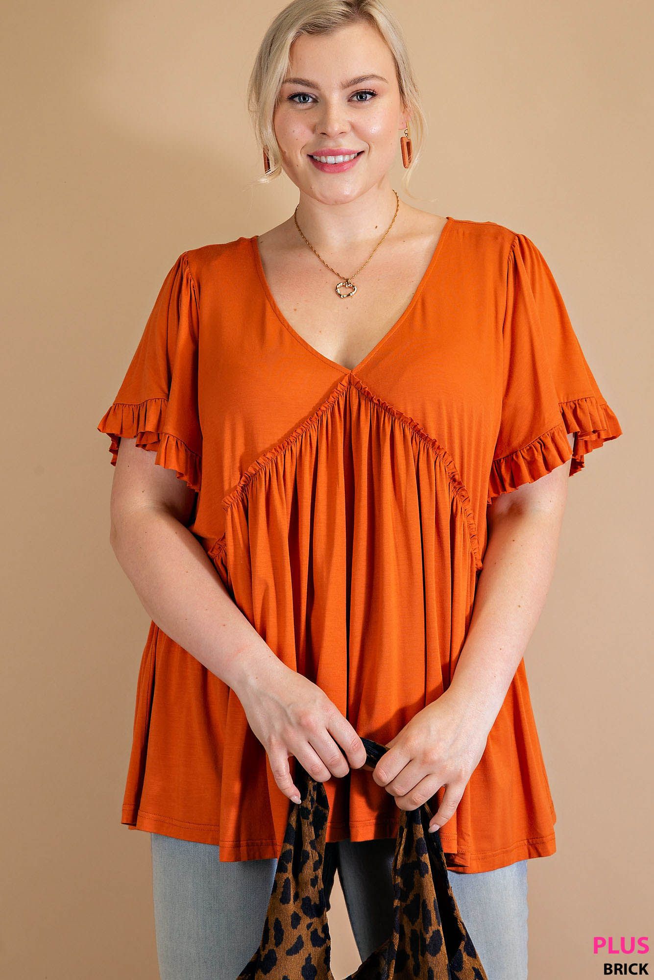 BELL SLEEVE WITH RUFFLE JERSEY TOP- PLUS SIZE